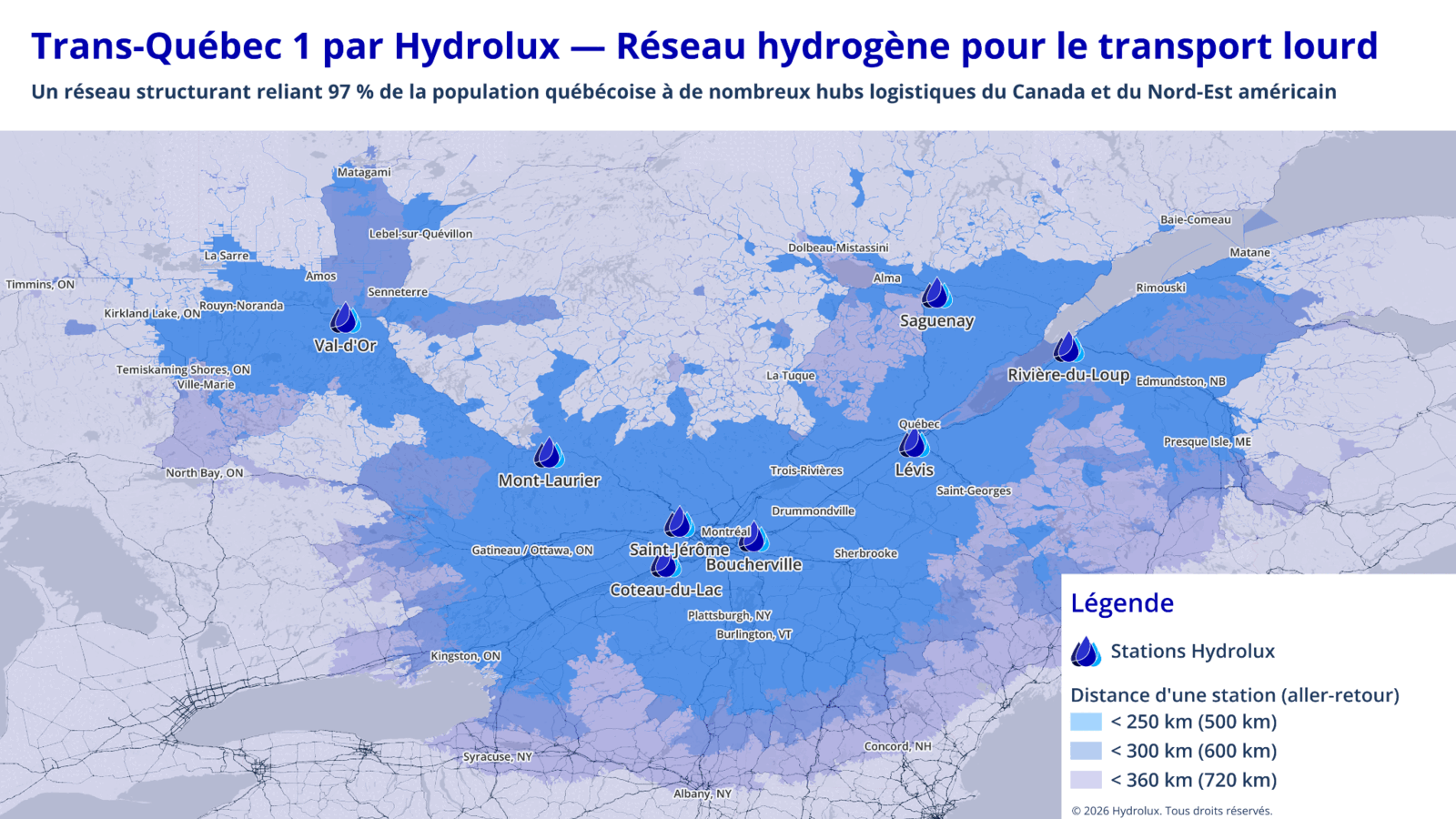 Carte isochrone de la couverture du réseau Trans-Québec 1
